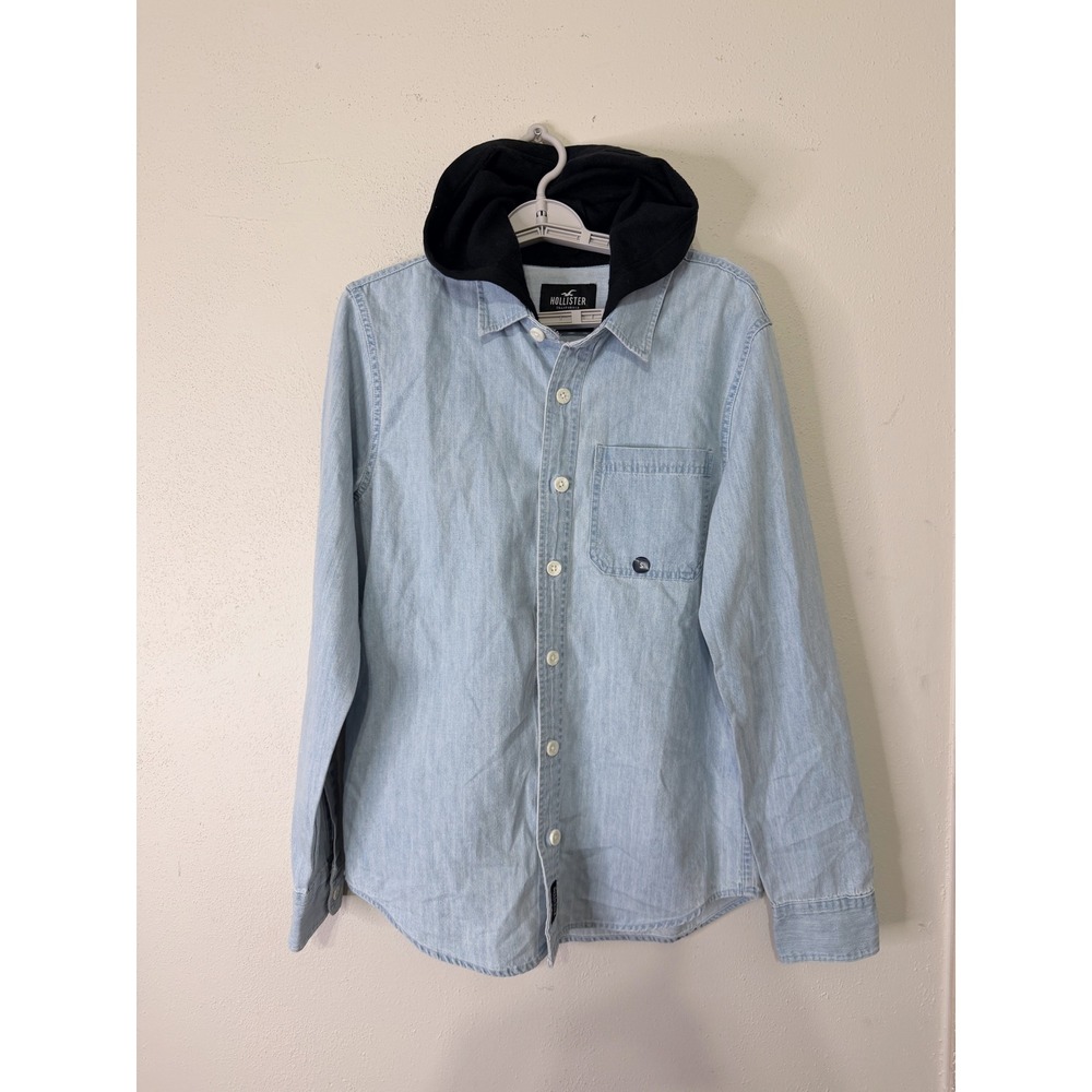 Hollister Mens Small Light Wash Denim Hooded Button Down Shirt Long Sleeve Black